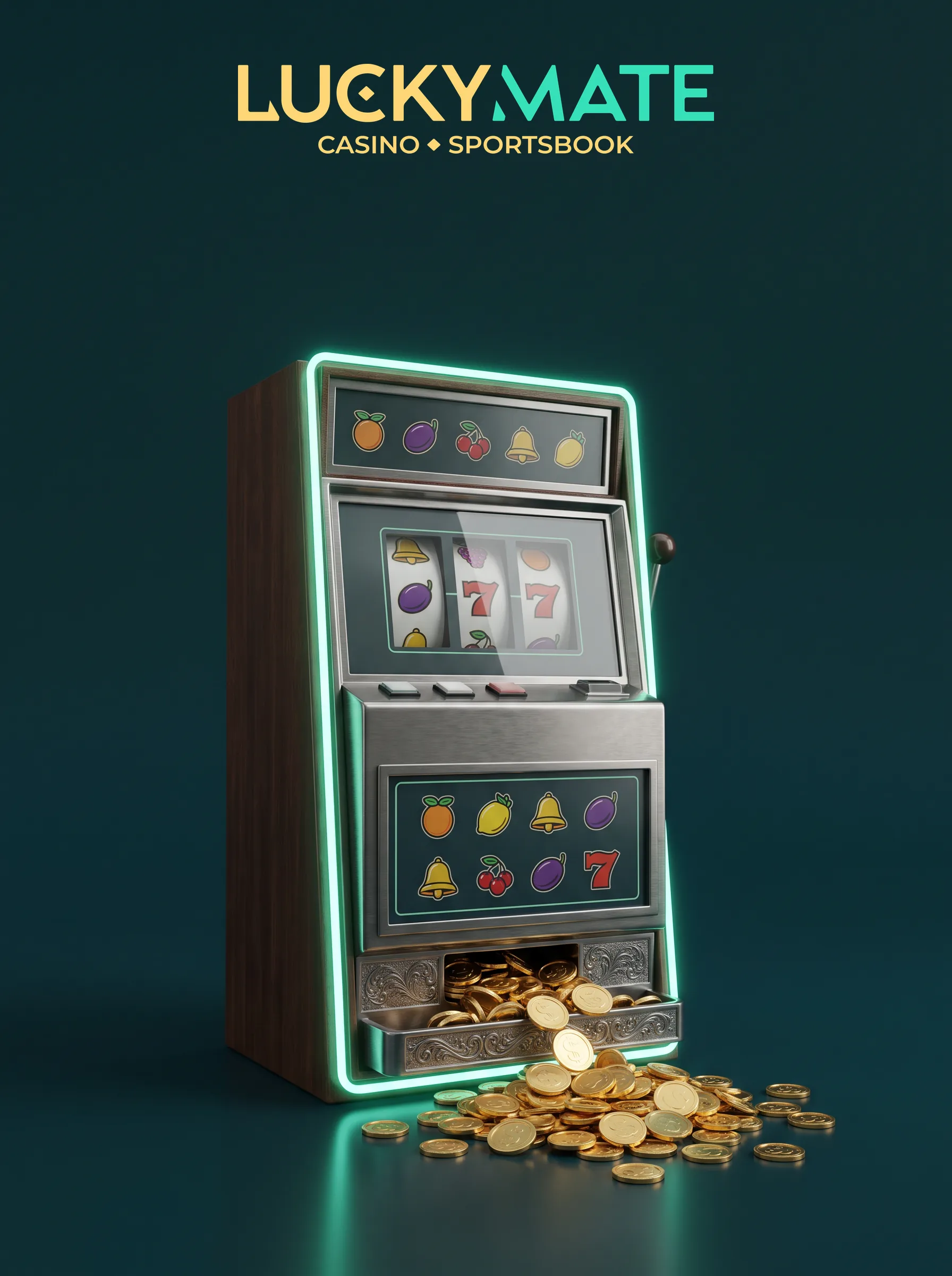 LuckyMate slots illustration in gold and mint
