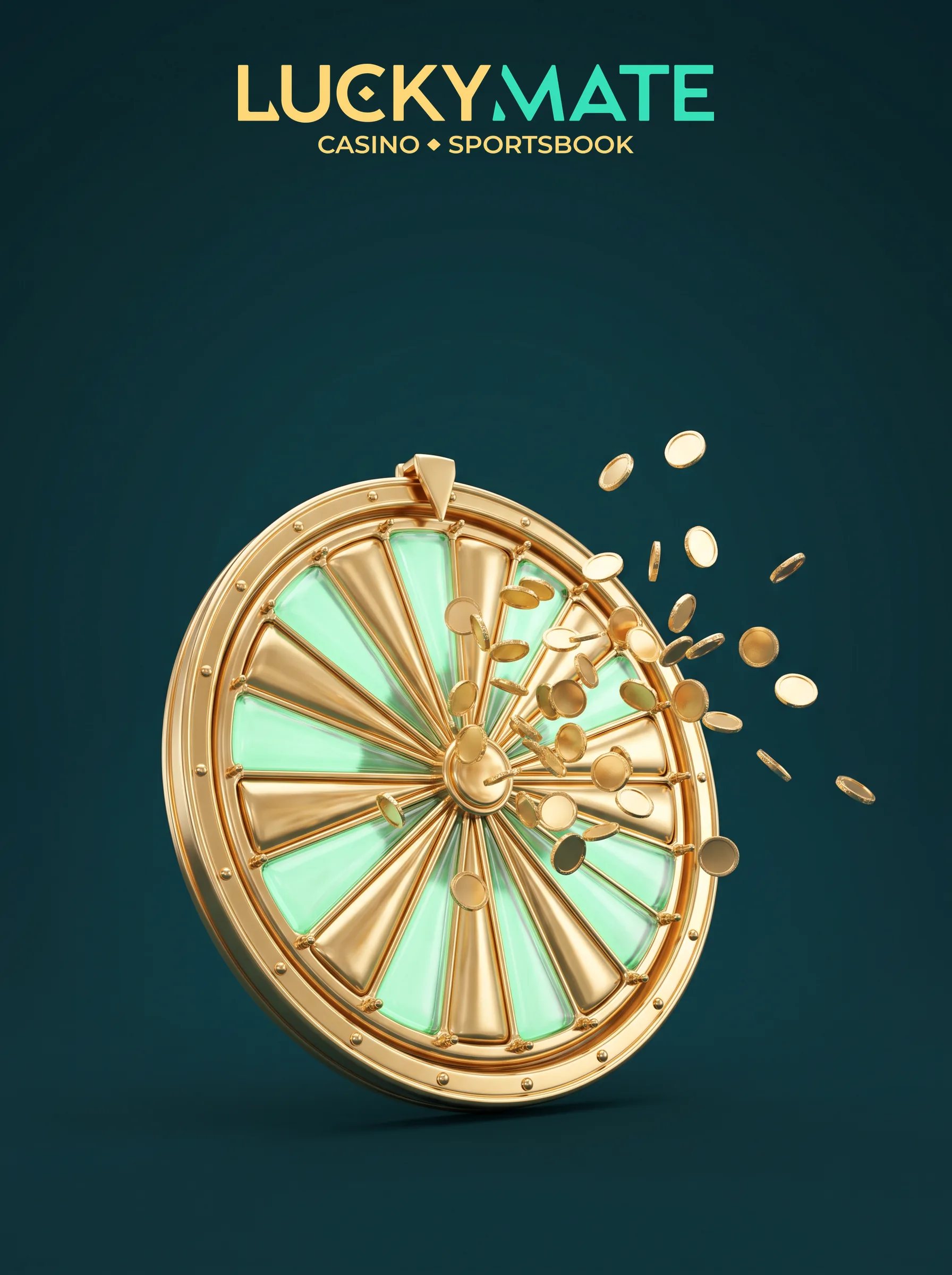 LuckyMate welcome offer illustration with a gold wheel